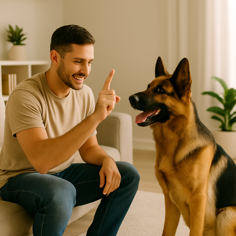 Maître entraînant son chien à obéir aux ordres dans un salon, éducation canine renforcée avant la naissance.