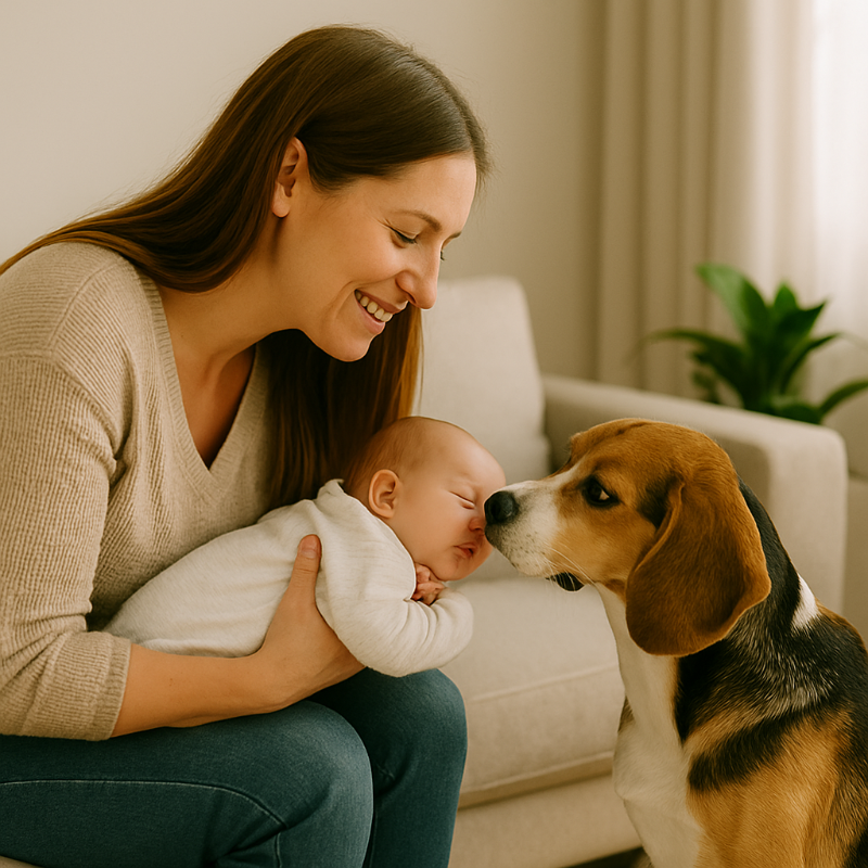  Mère présentant doucement son nouveau-né à son chien calme, première rencontre encadrée et sécurisée