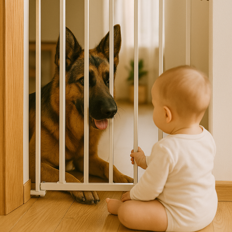 Chien couché derrière une barrière bébé dans une maison, espaces sécurisés pour cohabitation chien-bébé