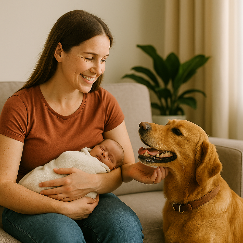 Maman caressant son chien tout en berçant son bébé, équilibre entre attention au chien et lien maternel.
