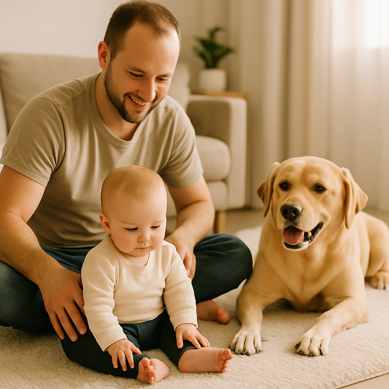 Enfant jouant sur un tapis avec son père et leur chien couché à côté, moment serein sous surveillance bienveillante.