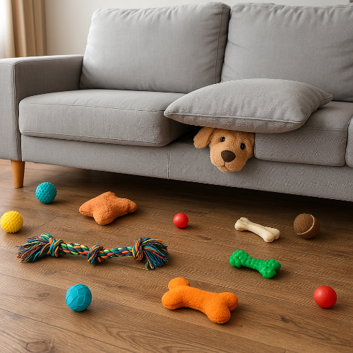 Photographie professionnelle d’un salon moderne et lumineux avec un canapé gris. Plusieurs jouets pour chien (balles, corde, os, peluches) sont éparpillés sur le sol en bois. Une peluche est partiellement cachée sous un coussin du canapé et un os est dissimulé sous la base du canapé, illustrant le comportement d’un chien qui cache ses jouets.