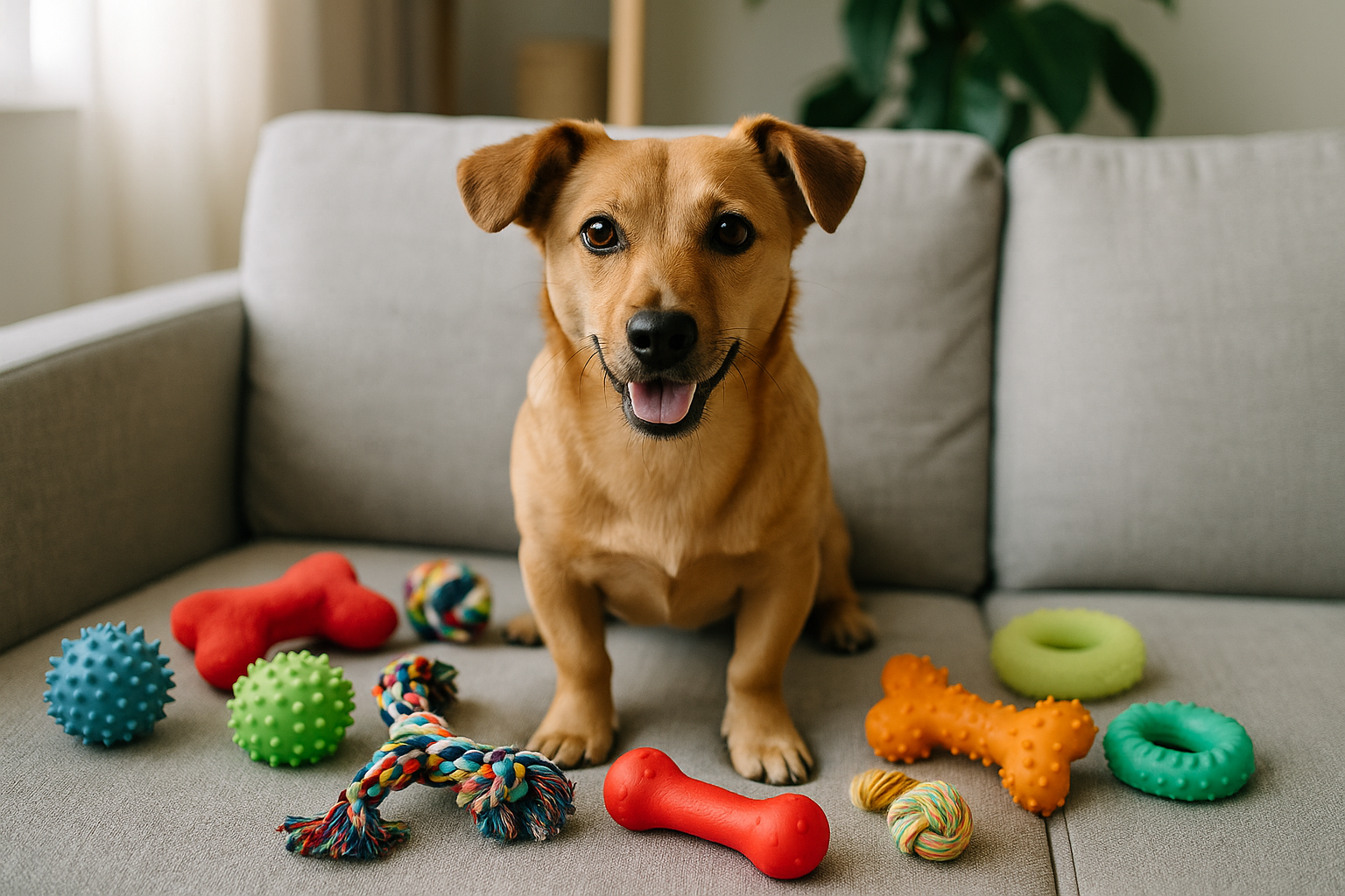 Chien assis sur un canapé entouré de jouets d'intérieur colorés pour chien, jouets de mastication et de stimulation mentale – idées de jeux pour chien en appartement
