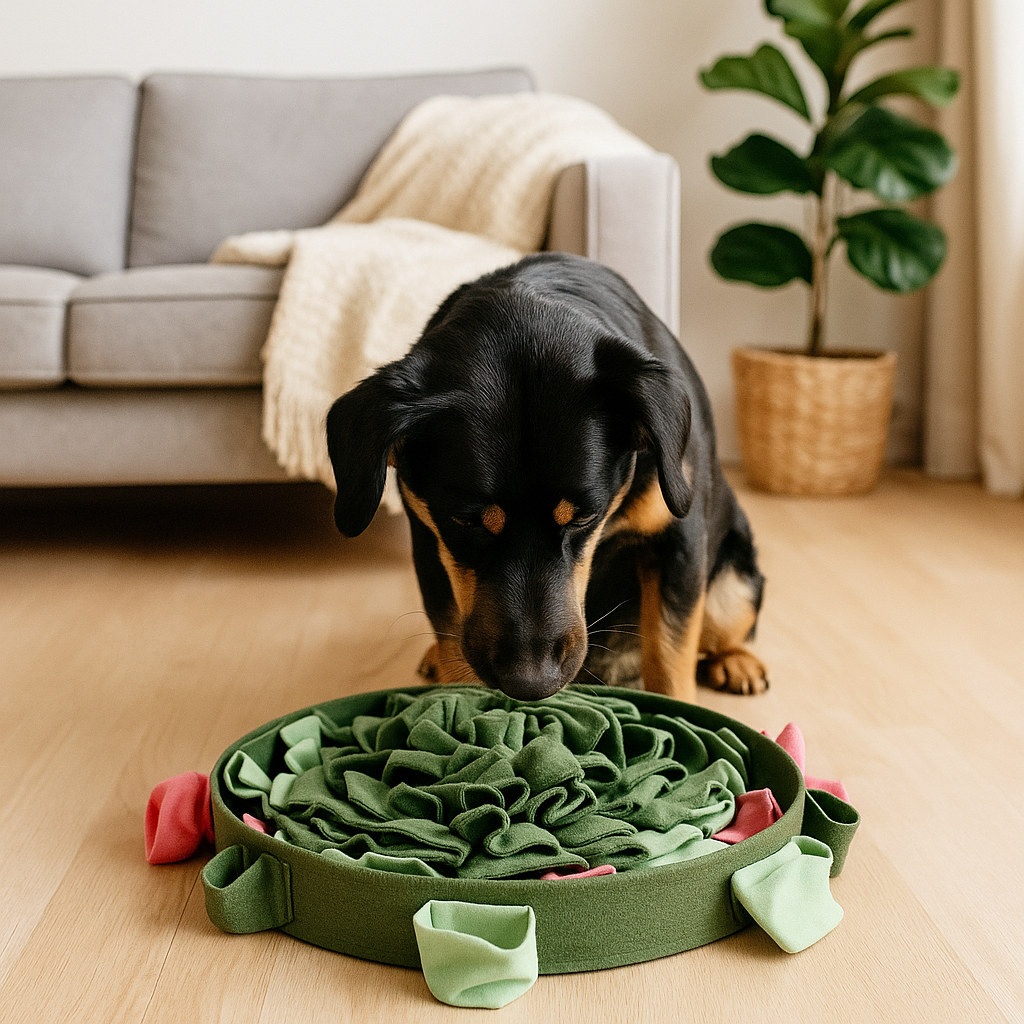 Chien concentré sur un tapis de fouille vert, jeu de stimulation mentale et olfactive en intérieur pour chien en appartement