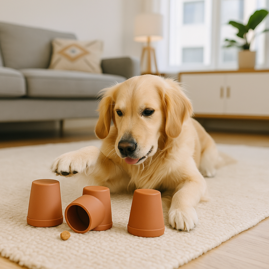 Golden retriever jouant au jeu des gobelets pour chien, exercice de concentration mentale et stimulation ludique à la maison
