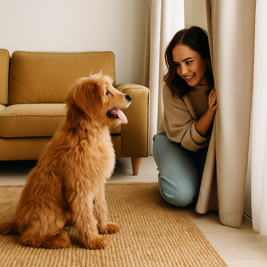 Femme jouant à cache-cache avec son chien dans le salon, moment de complicité et stimulation mentale pour chien en intérieur