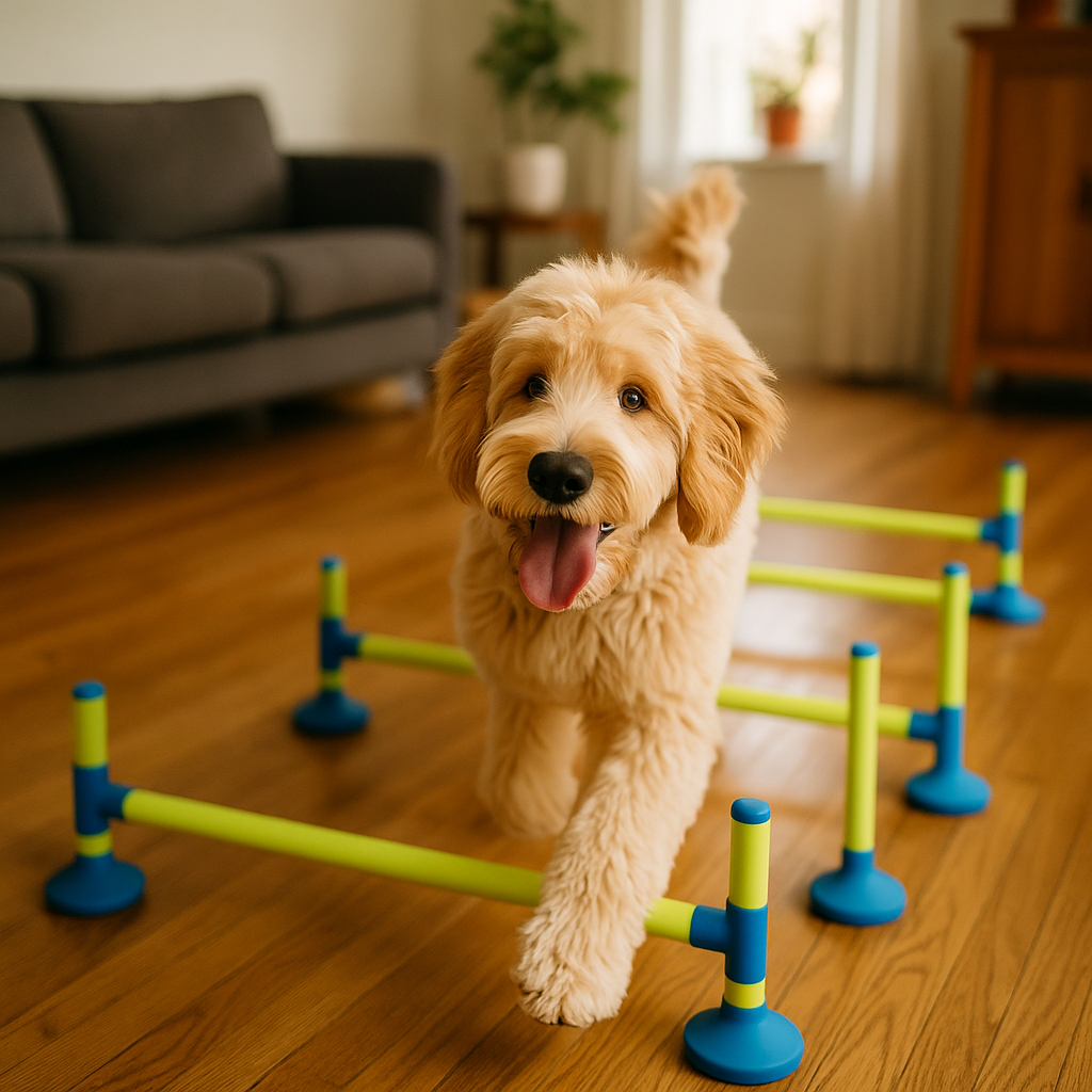 Chien sautant des obstacles dans un salon, activité d'agility en intérieur pour stimuler mentalement et physiquement son chien