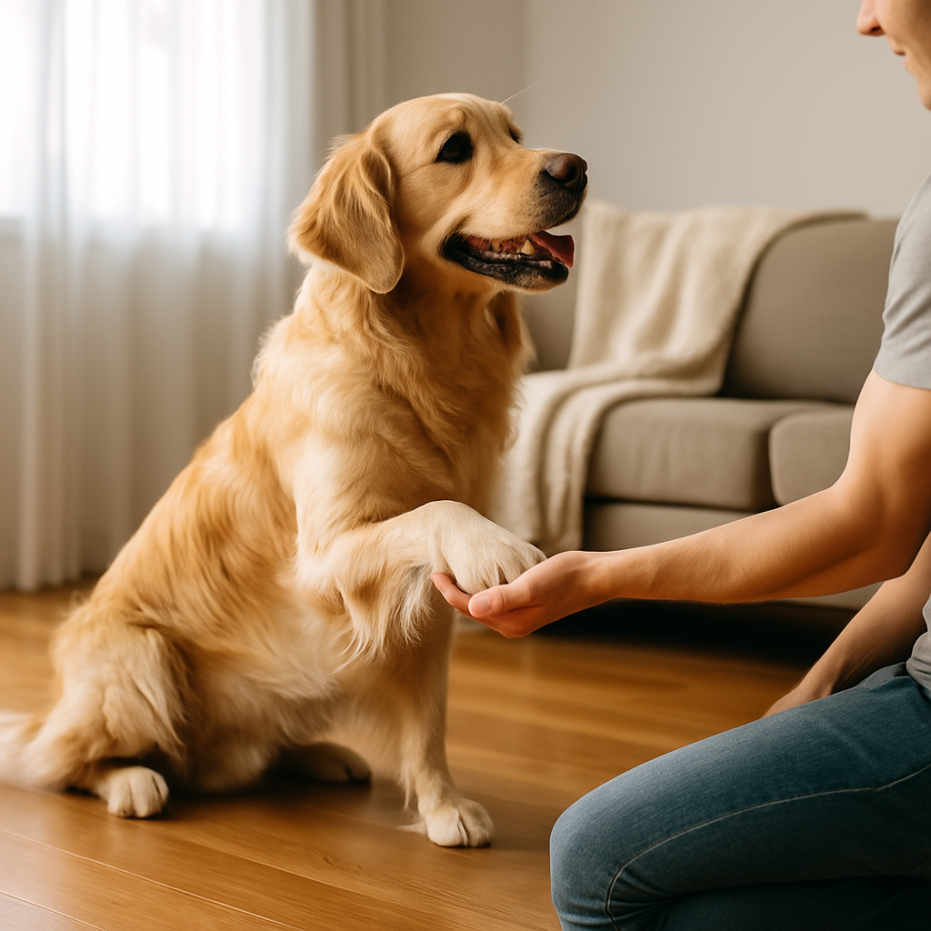 Chien donnant la patte à son maître dans un salon, moment d’apprentissage et de complicité entre humain et animal