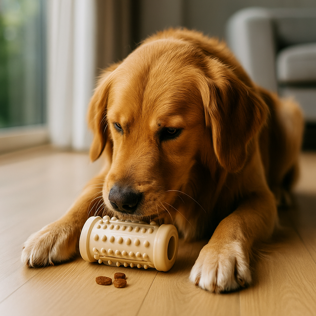 Chien concentré sur un jouet distributeur de croquettes au sol, stimulation mentale et activité ludique à la maison