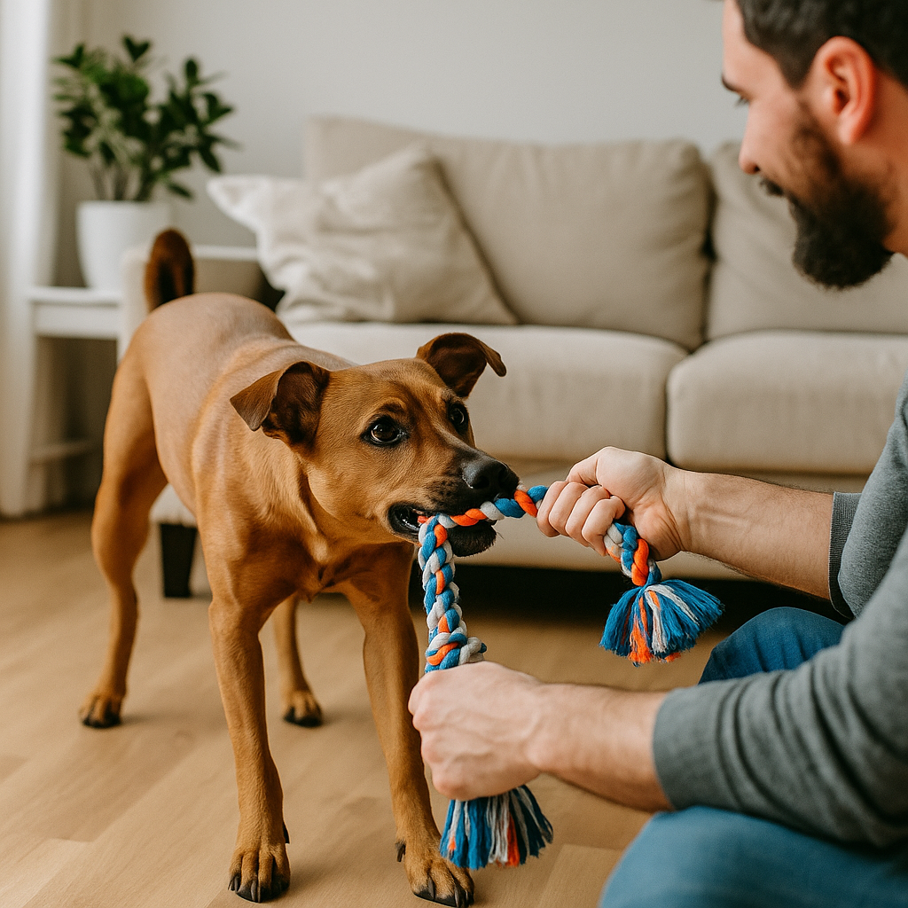 Chien jouant à tirer sur une corde avec son maître dans un salon, moment de complicité et stimulation physique à la maison
