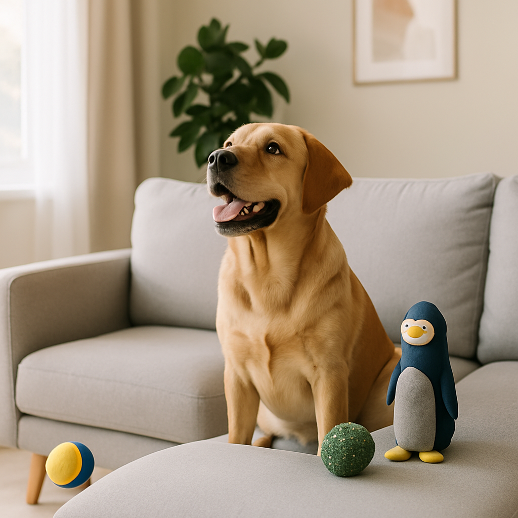Chien assis sur un canapé entouré de jouets pour chien, ambiance cosy et ludique dans un salon moderne