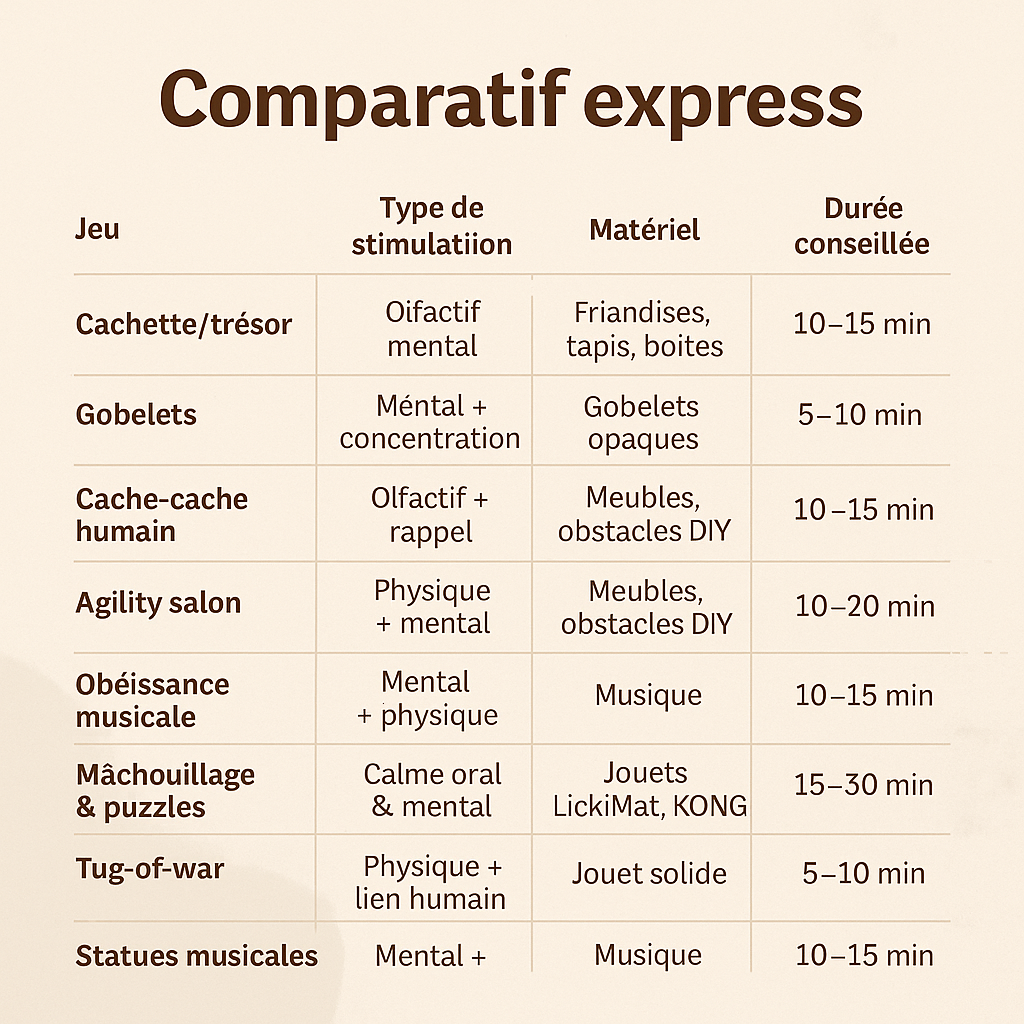 Tableau comparatif des jeux d’intérieur pour chien – type de stimulation, matériel requis et durée conseillée pour chaque activité : cachette, gobelets, agility, obéissance musicale, mâchouillage, tug-of-war, etc.