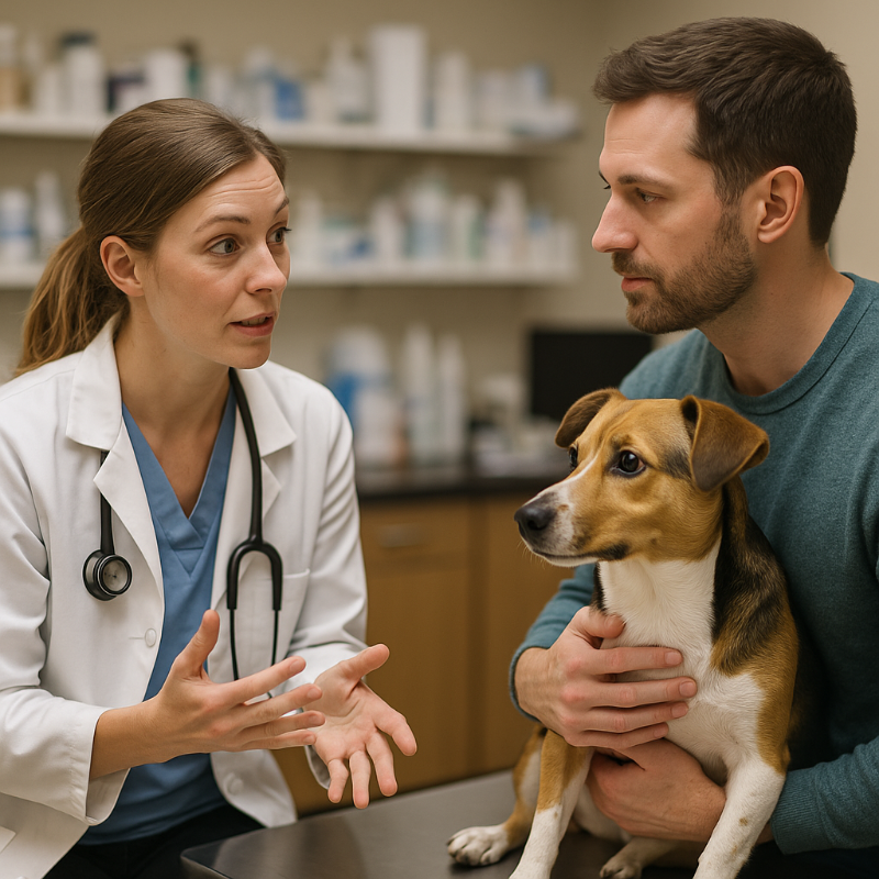 Un vétérinaire en blouse blanche discute calmement avec un propriétaire de chien dans une salle de consultation moderne. Le chien, assis entre eux, observe la scène, reflétant un moment d’échange professionnel sur son comportement.