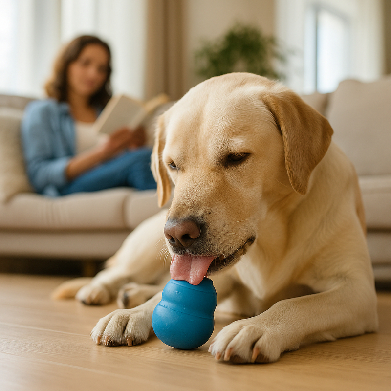 Un chien au regard triste est assis seul près d’une porte entrouverte, dans un intérieur calme et lumineux. L’ambiance visuelle reflète l’angoisse du départ, illustrant avec émotion les difficultés vécues par certains chiens malgré les efforts répétés de leurs propriétaires.