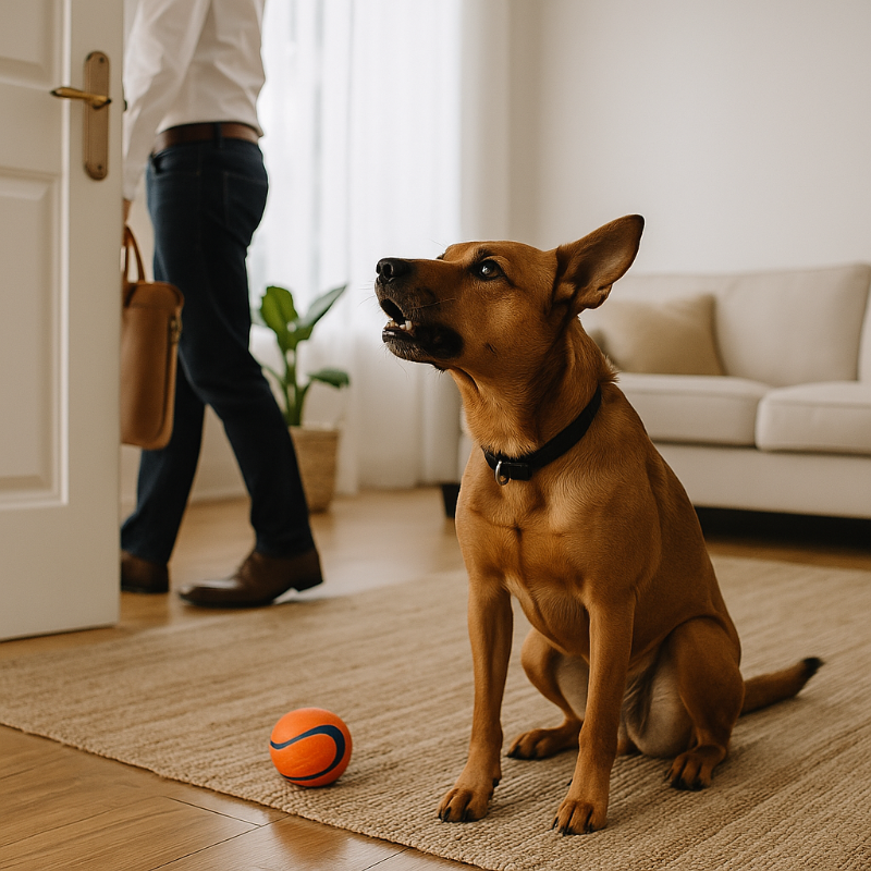Un chien marron de taille moyenne marche calmement aux côtés de son maître en tenue de sport, dans un environnement boisé. L’image évoque les bienfaits combinés de l’activité physique, de la routine rassurante et du lien maître-chien pour limiter les aboiements liés à l’absence.