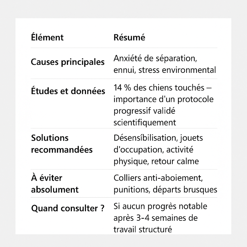 Infographie en format carré présentant un tableau synthétique des principales causes d’aboiements du chien en l’absence du maître, les données issues d’études scientifiques, les solutions recommandées par les vétérinaires, les erreurs à éviter, et le moment opportun pour consulter un professionnel du comportement canin.