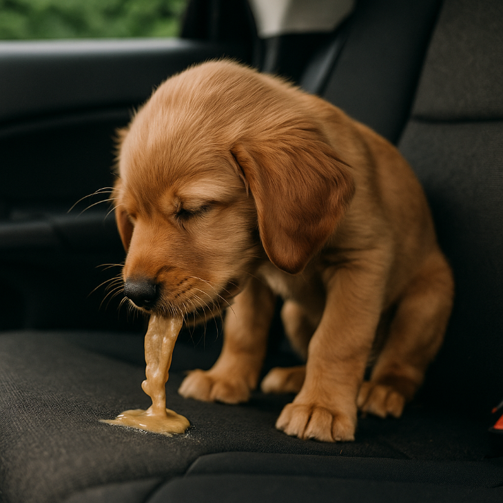 Un jeune golden retriever, visiblement nauséeux, assis sur la banquette arrière d’une voiture, avec une expression mal à l’aise — scène réaliste illustrant le mal des transports chez les chiots.