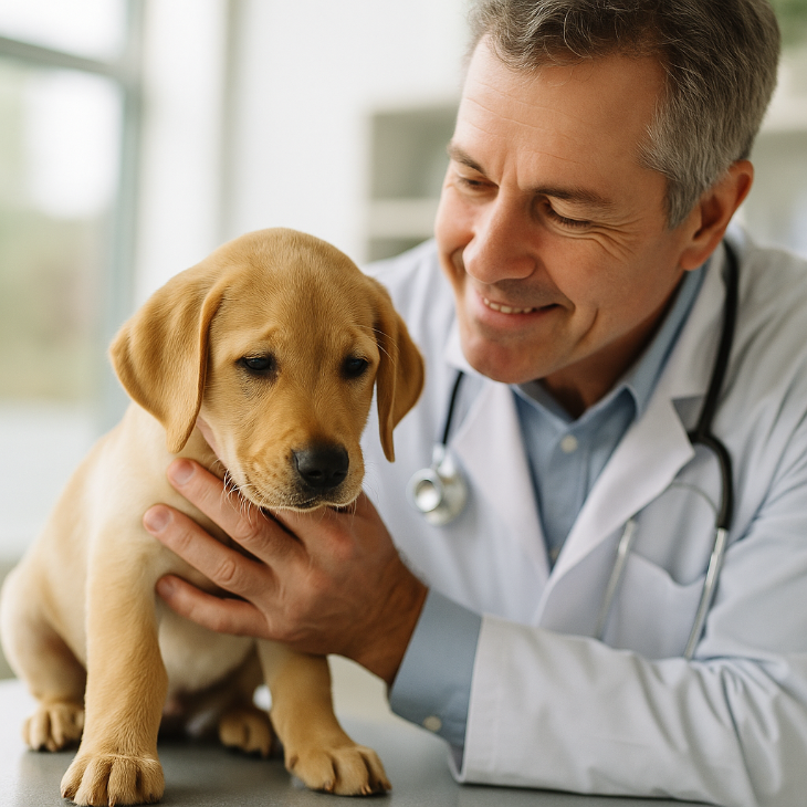 Un vétérinaire caucasien d'âge moyen examine un chiot sur une table en clinique, avec une posture rassurante — image réaliste illustrant les recommandations médicales pour le mal des transports chez les jeunes chiens.