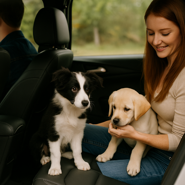 Un chiot Border Collie curieux assis à l’arrière d’une voiture, observé par une jeune femme souriante — image réaliste illustrant les premiers pas d’une habituation réussie à la voiture, inspirée de témoignages clients