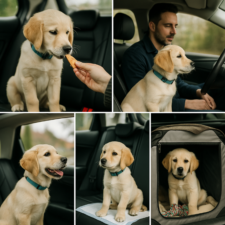 Un collage photographique en cinq scènes montre un chiot golden retriever dans différentes étapes d’habituation à la voiture : montée moteur éteint, écoute du moteur, premiers trajets courts, à jeun, et dans un environnement rassurant — illustration visuelle fidèle du protocole vétérinaire recommandé.