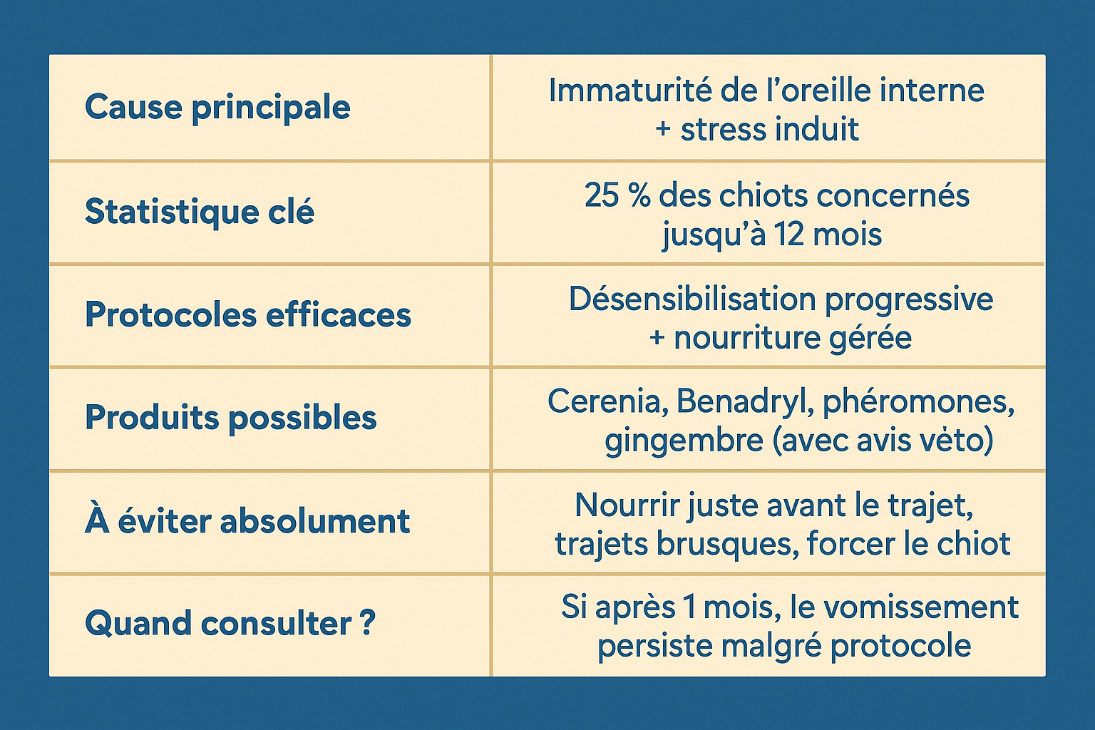 Infographie carrée illustrant un tableau récapitulatif des causes, statistiques, protocoles et traitements pour habituer un chiot à la voiture — avec fond visuel apaisant et style graphique clair, pensée pour la lisibilité et la mémorisation rapide.