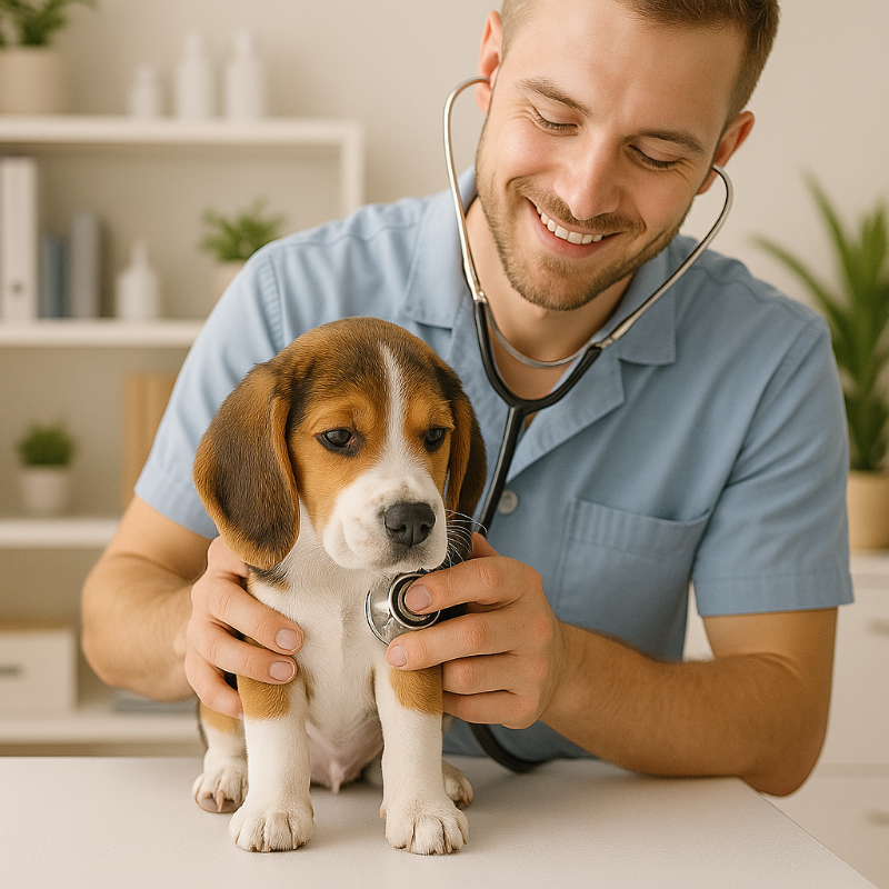  Chiot Beagle écouté au stéthoscope par un vétérinaire souriant – représentation de l’importance des visites de contrôle et des soins préventifs pour chiot.