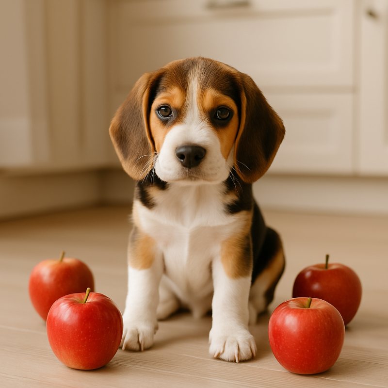 Un Beagle curieux goûte une tranche de pomme – fruit autorisé et sain pour les chiens en quantité modérée.