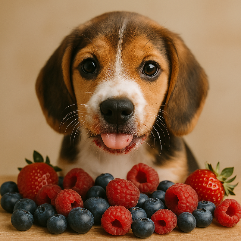 Un chiot Beagle avec des traces de baies rouges autour du museau – gourmandise avec fraises, framboises ou myrtilles, fruits bons pour les chiens.