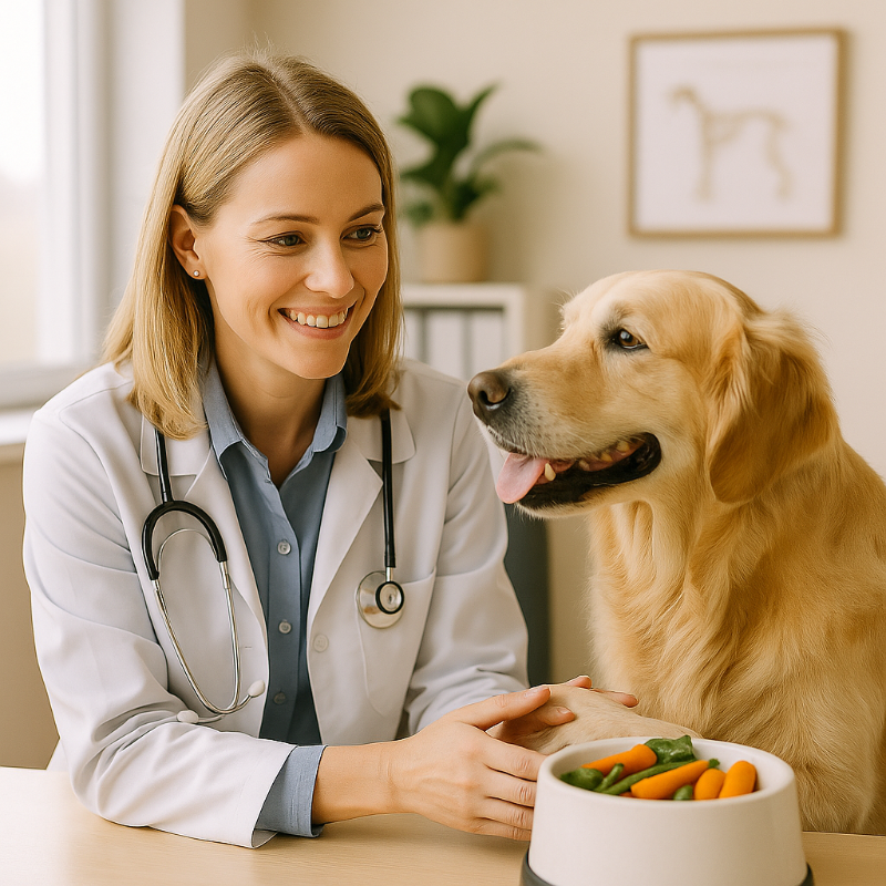 Une vétérinaire souriante dans sa clinique – conseils professionnels sur l’alimentation canine et les risques liés aux fruits et légumes.