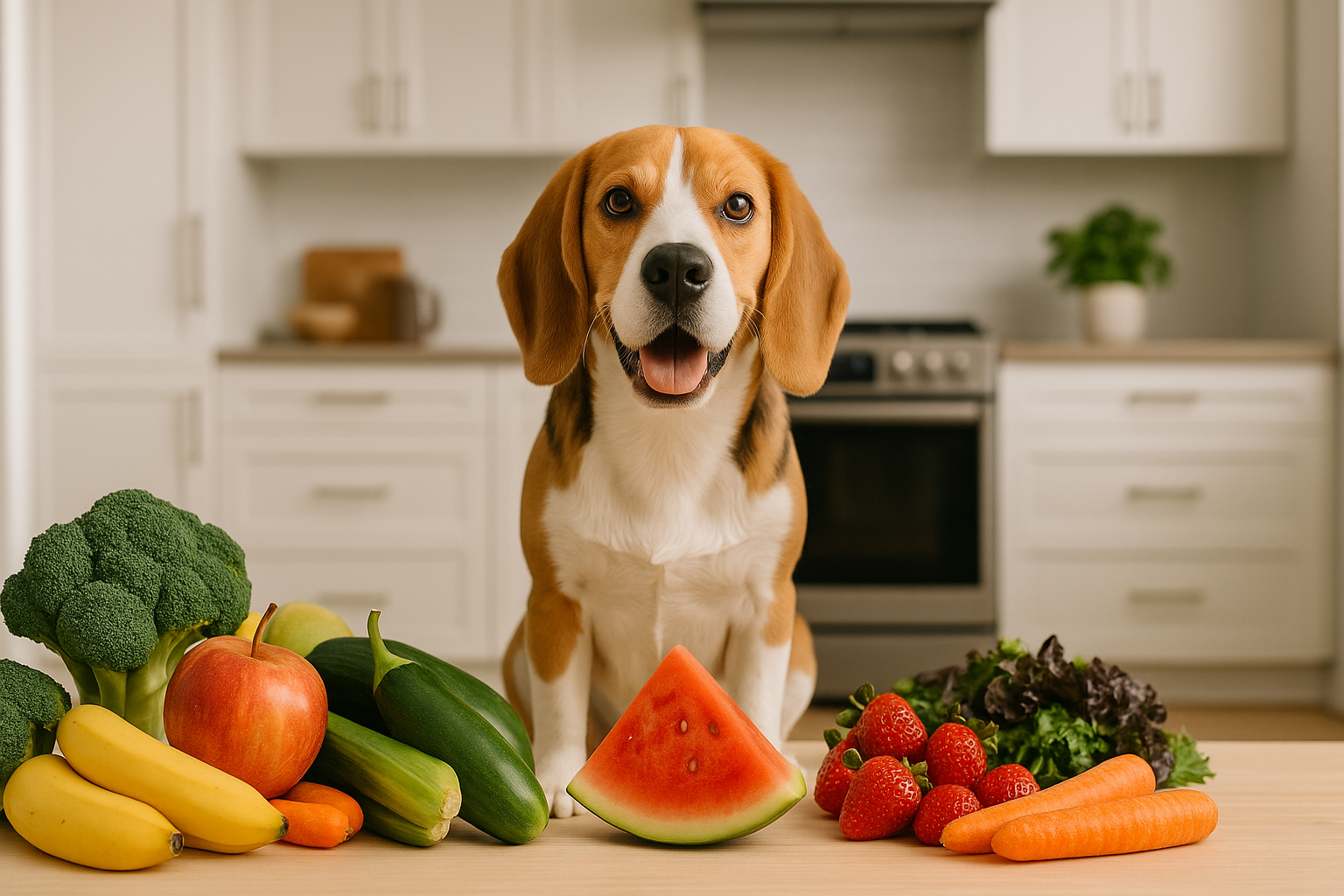 Image de couverture : un Beagle heureux avec des fruits frais autour – introduction visuelle pour un article sur l’alimentation canine.