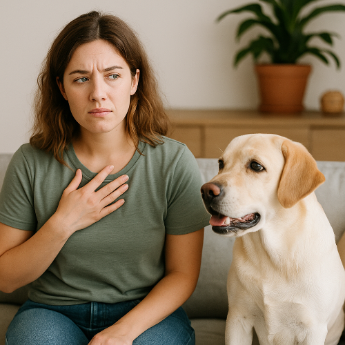 Femme pensive assise près de son chien Labrador, illustrant le dilemme des maîtres face aux choix alimentaires pour leur animal.
