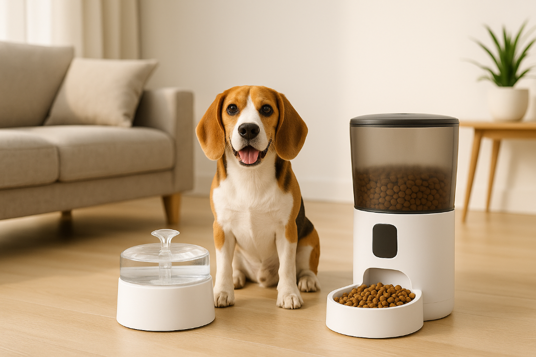 Chien de race Beagle assis entre une fontaine à eau et un distributeur automatique de croquettes dans un salon moderne, illustrant l'utilisation combinée des deux équipements pour l'alimentation et l'hydratation canine.