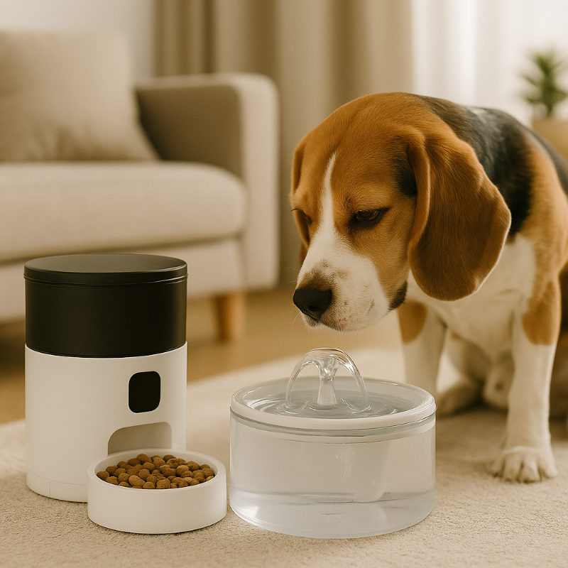 Beagle observant une fontaine à eau pour chien, posée à côté d’un distributeur automatique de croquettes dans un salon moderne, illustrant l’importance de l’hydratation et de l’alimentation automatique pour le bien-être canin.