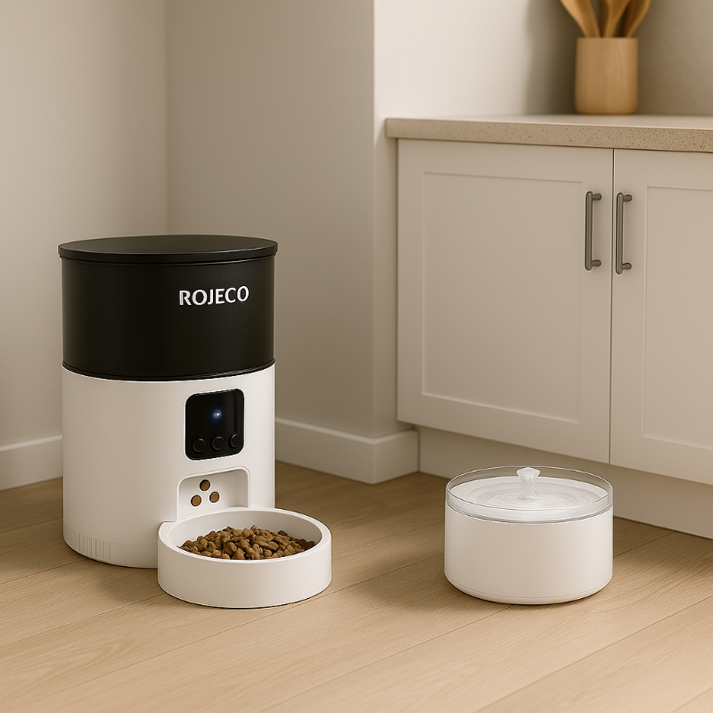 Distributeur automatique de croquettes ROJECO et fontaine à eau posés séparément dans une cuisine moderne, illustrant la recommandation de placer les équipements à distance pour éviter le mélange des odeurs chez le chien.