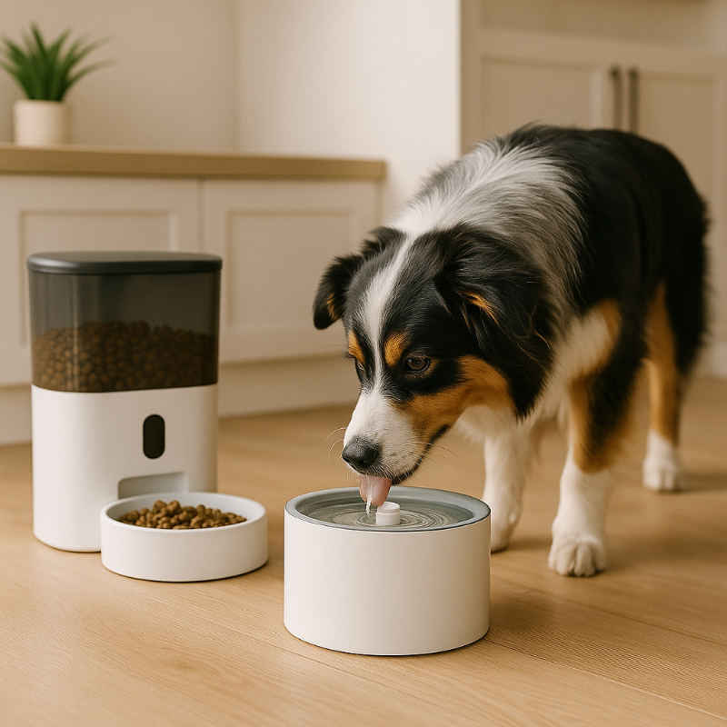 Chien de race Berger Australien buvant à une fontaine à eau automatique, avec un distributeur de croquettes placé à côté dans une cuisine lumineuse — illustration de l’importance de l’hydratation et de l’alimentation régulière pour le bien-être canin.
