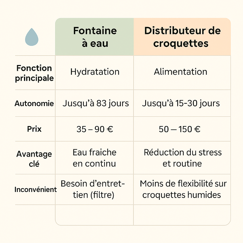 Tableau comparatif des caractéristiques entre une fontaine à eau pour chien et un distributeur de croquettes automatique : fonction, autonomie, prix, avantages et inconvénients – guide d’achat pour améliorer l’alimentation et l’hydratation canine.
