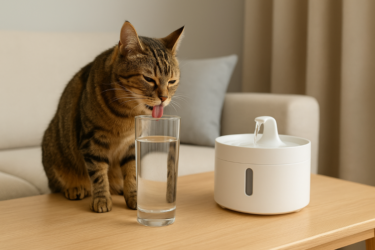 Chat domestique tigré curieux, buvant dans un verre d’eau sur une table, ignorant sa fontaine à eau située en arrière-plan – comportement fréquent chez les félins révélateur de préférences instinctives et de besoins spécifiques en matière d’hydratation.