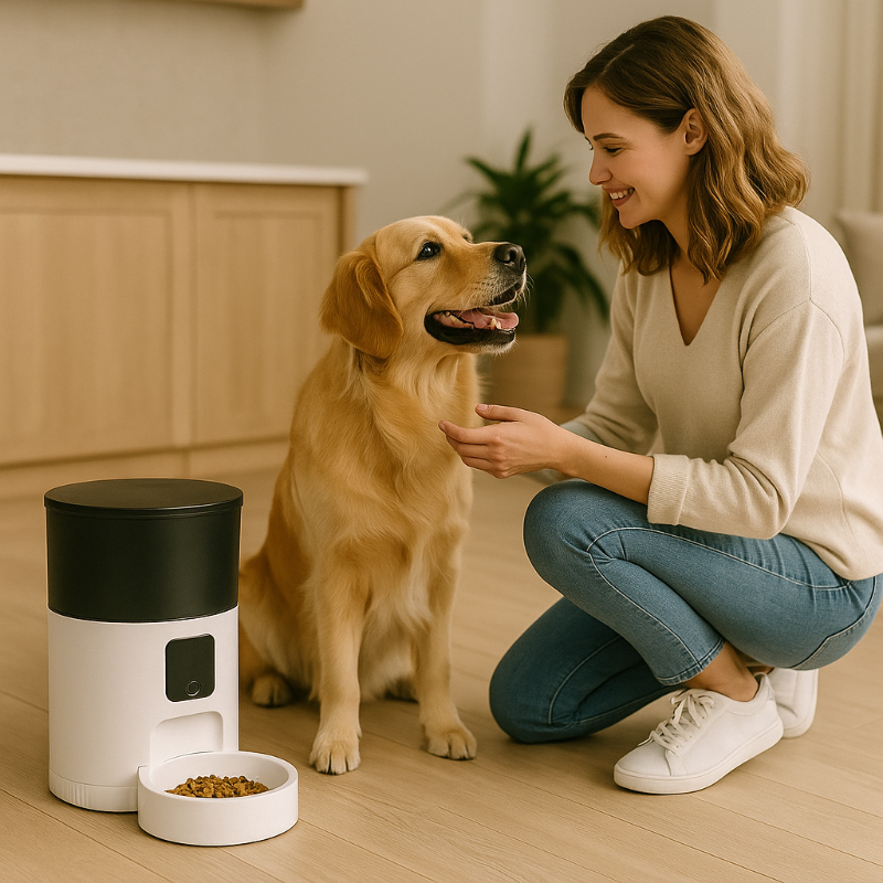 Femme interagissant avec son chien Golden Retriever à côté d’un distributeur de croquettes automatique, soulignant l’importance du lien humain-animal malgré l’usage des outils technologiques – article sur le bien-être canin