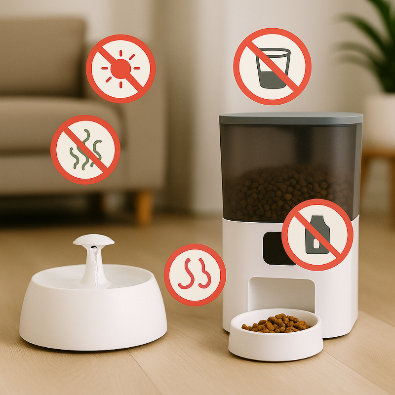 Distributeur de croquettes et fontaine à eau pour chien avec pictogrammes d’erreurs à éviter : exposition au soleil, croquettes inadaptées, absence de nettoyage des filtres et mauvais positionnement – guide d’utilisation Fidoz.