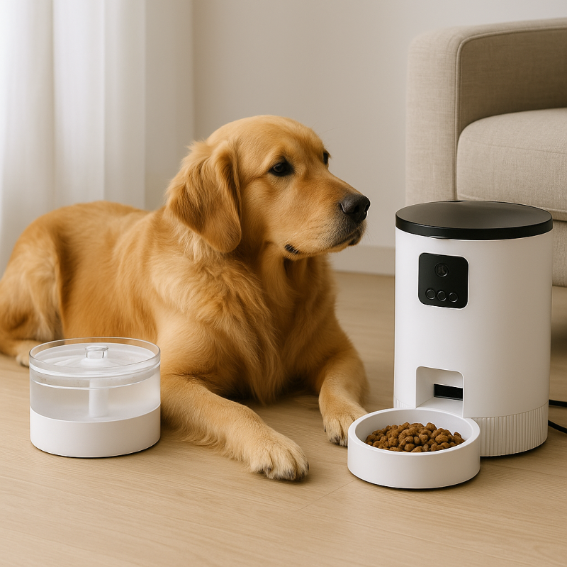 Chien allongé à côté d’une fontaine à eau AquaFlow et d’un distributeur EasyFeed dans un salon moderne – témoignages clients sur les bienfaits pour le confort et l’hydratation de leur animal.