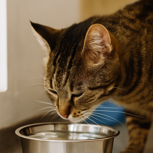 Chat tigré domestique buvant dans un verre transparent, ses moustaches bien dégagées, illustrant la fatigue sensorielle causée par les bols étroits (whisker fatigue), dans un environnement lumineux et naturel.