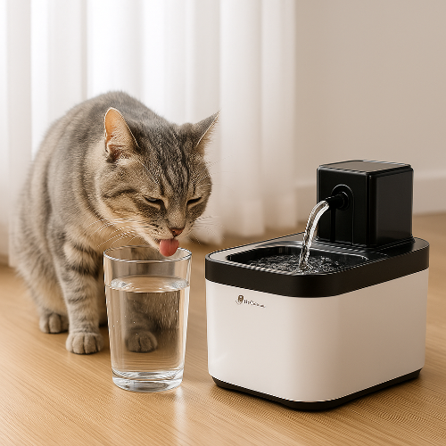 Un chat domestique au pelage tigré gris boit dans un verre d’eau posé à côté d’une fontaine moderne, illustrant la préférence instinctive des félins pour l’eau fraîche et accessible. L’image met en valeur un environnement intérieur soigné, soulignant l'importance de l'aménagement de l'espace hydratation chez le chat.