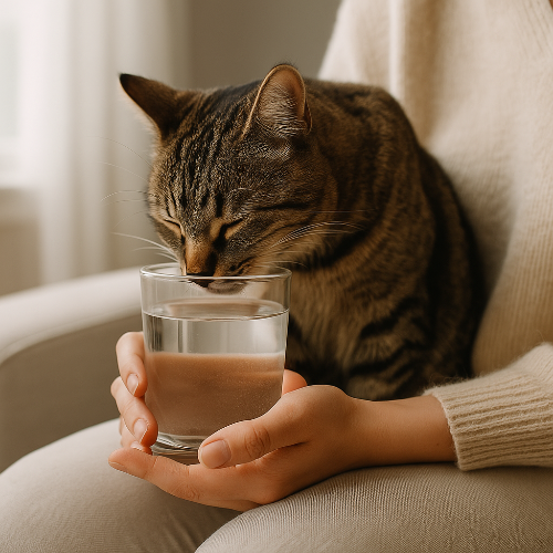 Un chat tigré domestique aux yeux curieux regarde attentivement un verre d’eau tenu par un humain, illustrant la relation de confiance et d’imitation entre l’animal et son propriétaire.