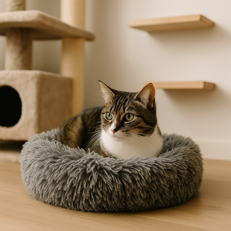 Chat tigré allongé dans un panier en fausse fourrure gris, installé dans un coin cosy avec arbre à chat et étagères murales, illustrant un environnement rassurant et enrichi pour un premier chat à la maison.