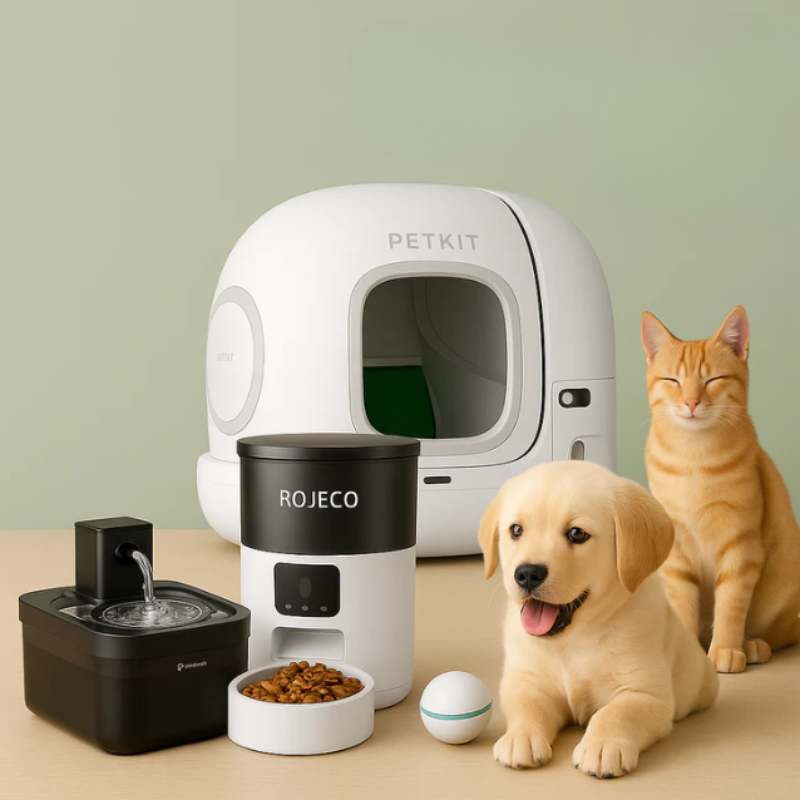 Kit d’accueil pour animaux domestiques avec fontaine à eau noire, distributeur automatique de croquettes Rojeco, litière autonettoyante Petkit, chiot labrador et chat roux posés devant un mur vert pastel.