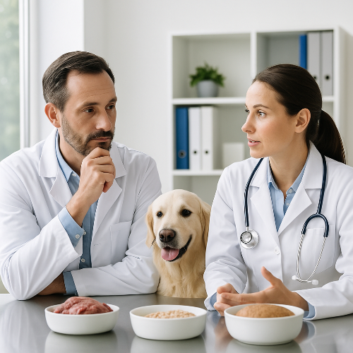 Deux vétérinaires examinent un chien dans une clinique moderne, représentant l’importance du suivi professionnel pour le BARF et la ration ménagère.