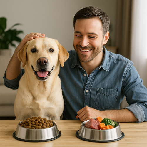 Propriétaire heureux avec son Labrador choisissant entre croquettes et alimentation naturelle équilibrée, illustrant une décision réfléchie.