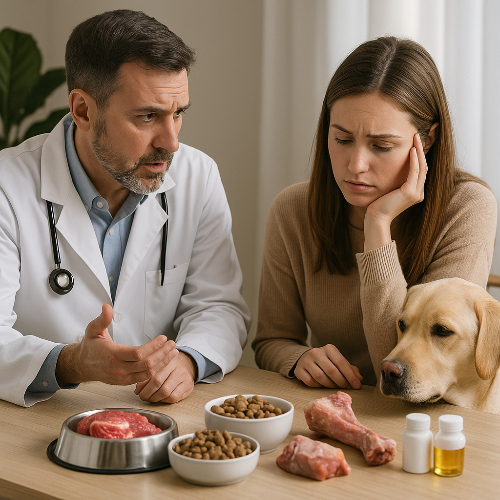 Risques d’une alimentation canine sans croquettes : vétérinaire conseille une maîtresse avec son chien devant viande crue, os et compléments.